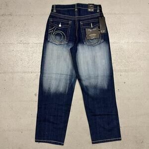 Vintage baggy y2k riflessi faded blue skater unique embroidered design denim